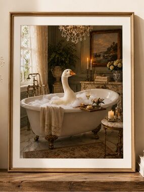 Digital Print Bath Art Print - Goose in White Tub (White)